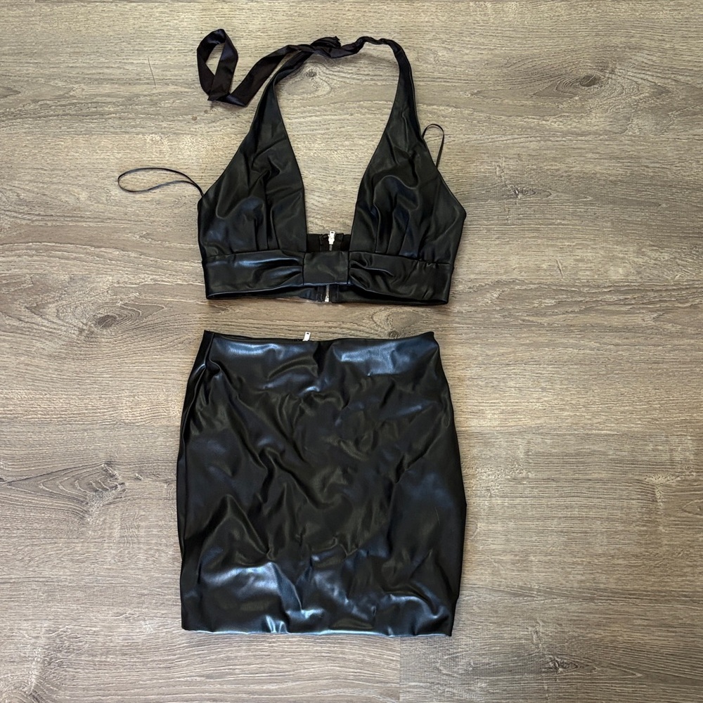 Black Faux Leather Halter Mini Skirt - Women
